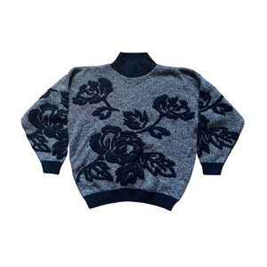 Vintage 90s Womens Chunky Sweater Black Floral Whimsigoth Grannycore Cozy Winter